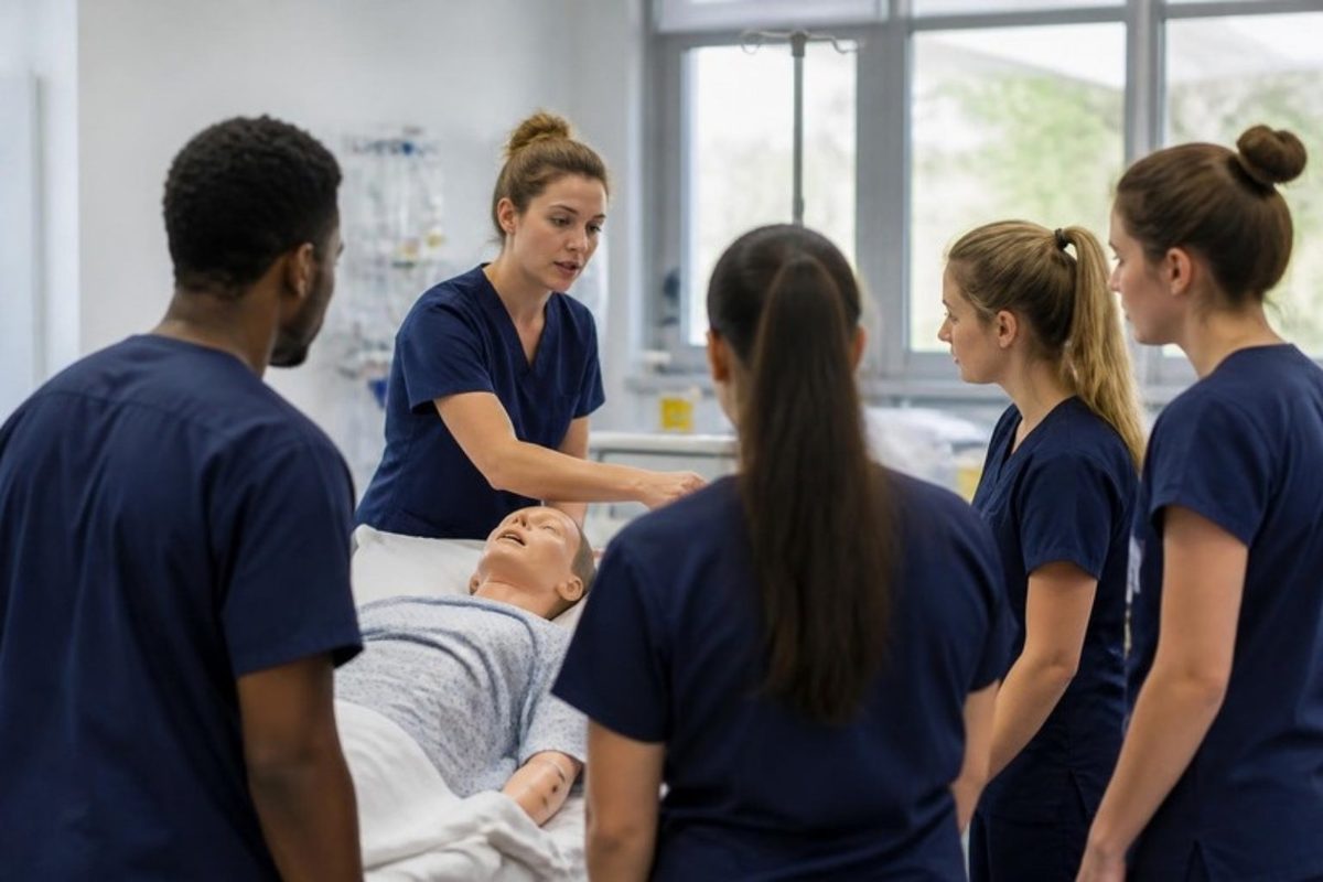 Nurses and a midwife in navy scrubs gather around a training manikin on a hospital bed during a hands-on drill